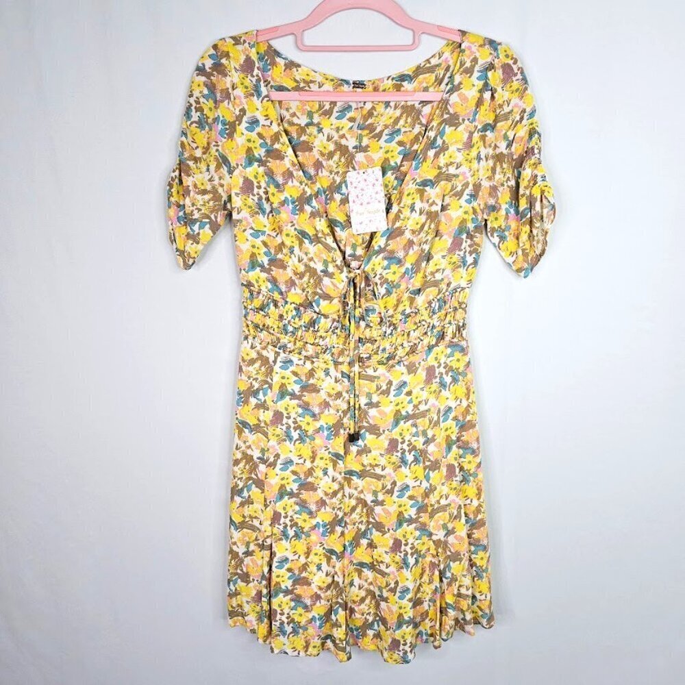 NWT FREE PEOPLE Forget Me Not Mini Dress size 0 XS LILY YELLOW BLUE PINK FLORAL - Picture 3 of 11